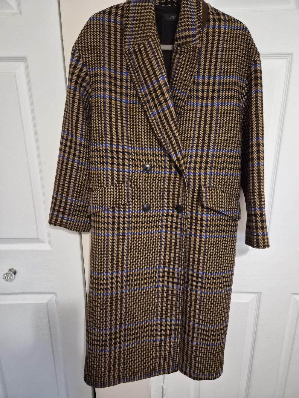 Zara Size Medium Oversized Women's Plaid Coat in Brown with Blue NEW no tags